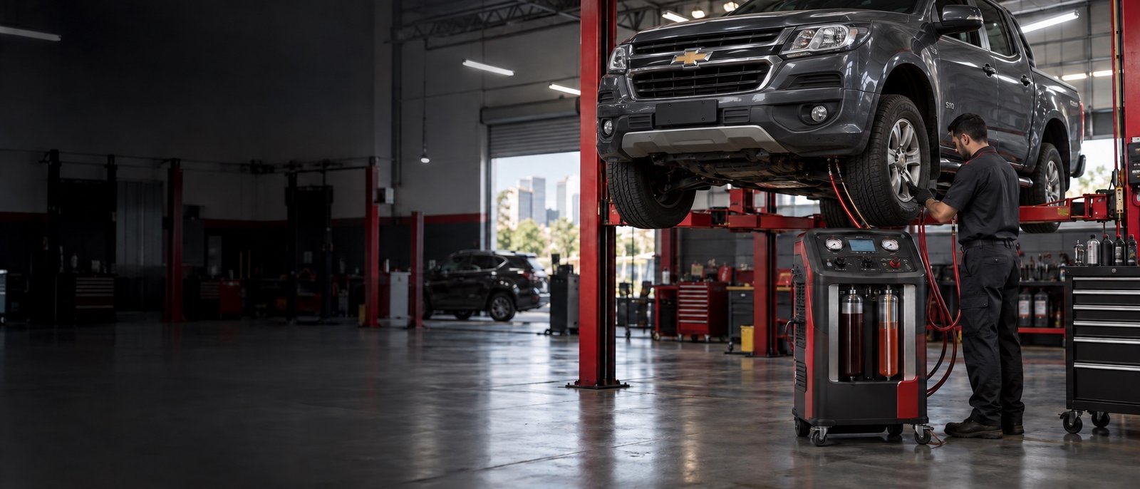 Imagem ilustrativa de uma Chevrolet S10 no elevador, com técnico e máquina de troca de fluido do câmbio automático